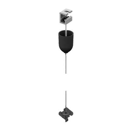 Plafondbeugel, schroefsluiting, kunststof rozet, staalkabel ø 1,5 mm (l = 1,5 / 3 / 5 m) met bolvormig uiteinde, clip voor snelle bevestiging